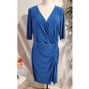Lauren Ralph Lauren Side Ruched Faux Wrap Slinky Stretch Dress Size 14 Blue